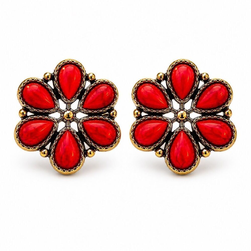 Oversized Red Cluster Work Stud Earrings Western Prairie Style - Grande